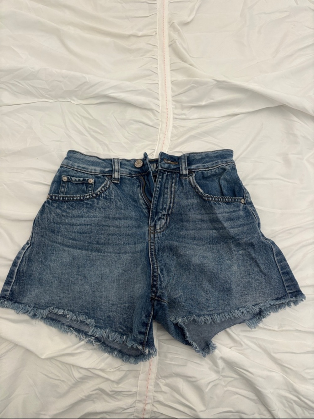 Rewash Medium Blue High-Rise Denim Shorts with Frayed Hem
